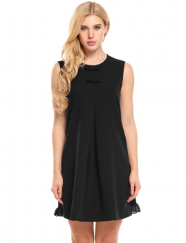 

Black Sleeveless Ruffles Bow Decor Solid O Neck Loose Dress, Multicolor