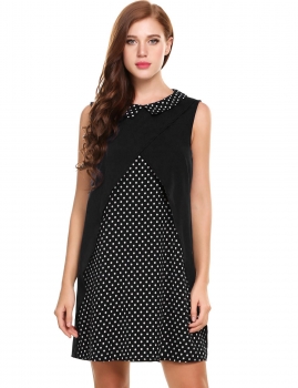

Black Sleeveless Dot Patchwork Turn Down Collar Loose Chiffon Dress, Multicolor