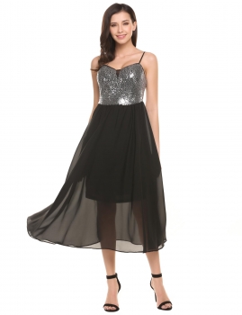 

Silver Spaghetti Strap Sleeveless Sequins Patchwork Pleated Dress, Multicolor