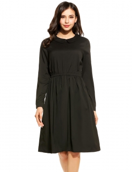 

Black Women Fashion Doll Collar Long Sleeve Elastic High Waist Solid Midi Dress, Multicolor