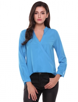

Lake blue Women V Neck Long Sleeve Faux Wrap High Low Hem Blouse, Multicolor