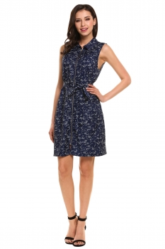 

Blue Sleeveless Print Turn-down Collar Zip-up Straight Casual Dress, Multicolor