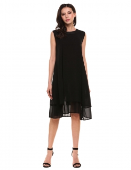 

Black New Women Casual O-Neck Sleeveless Solid Double Layers Chiffon Tank Pleated Hem Loose Dress, Multicolor