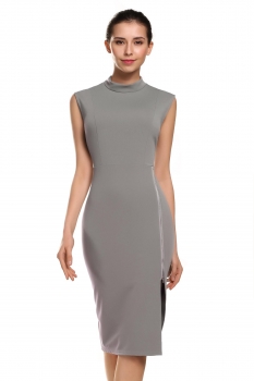 

Dark gray Stand Collar Sleeveless Solid Side Hem Split Zip Elastic Dress, Multicolor