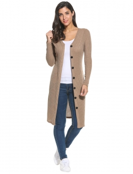 

Apricot V-Neck Long Sleeve Button Down Long Ribbed Knit Cardigan, Multicolor
