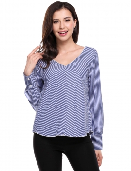 

Dark blue V-Neck Long Sleeve Back Tie Striped Blouse, Multicolor