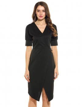 

Women V-Neck Batwing Sleeve Faux Wrap Bodycon Asymmetrical Dress, Multicolor