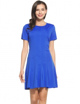 

New Women Casual O-Neck Short Sleeve Solid Pleated Elastic Dress, Multicolor