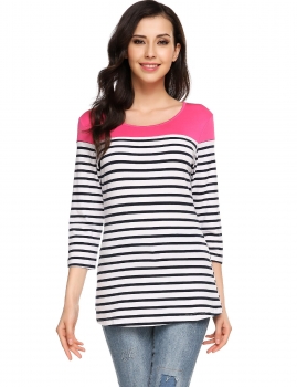 

Pink Patchwork Stripes O-Neck 3"4 Sleeve T-Shirts, Multicolor