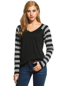 

Black New Women Casual V-Neck Long Sleeve Striped Patchwork Top, Multicolor