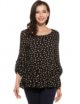 

Black Floral Ruffled Hem Loose Fit Long Sleeve O Neck Blouse, Multicolor