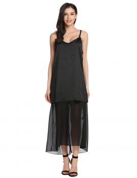 

Black V-neck Sleeveless Spaghetti Strap Long Maxi Solid Dress, Multicolor