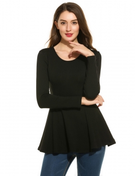 

Women Autumn Winter O-Neck Long Sleeve Solid Slim Fit Flared Tunic Top, Multicolor