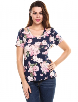 

Navy blue Floral Print Hollow Out Elastic Plus Size V-Neck Short Sleeve Tops, Multicolor