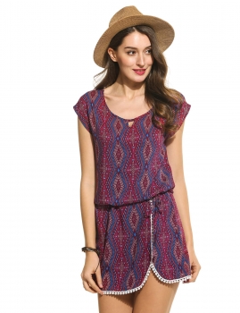 

New Women Casual O-Neck Short Sleeve Waist Lace Up Print Mini Dress, Multicolor