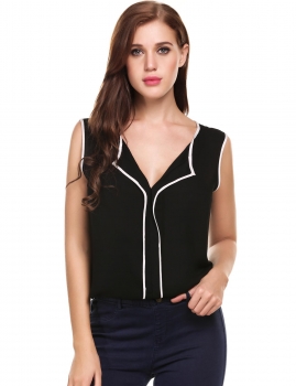 

Black Sleeveless Contrast Color V Neck Solid Loose Cotton Pullover Tank Tops, Multicolor