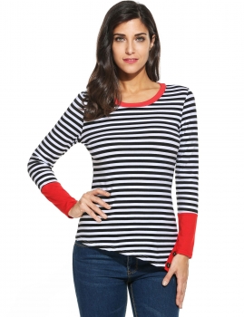 

Button Hem Cotton Striped Slim Pullover Long Sleeve O Neck T-Shirt, Multicolor