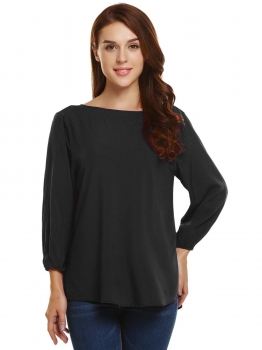 

Black Solid Loose Back Bow Decoration Elastic Cuff Tops, Multicolor