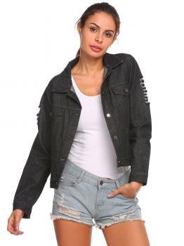 

Black Women Fashion Long Sleeve Ripped Distressed Button Down Denim Jacket, Multicolor