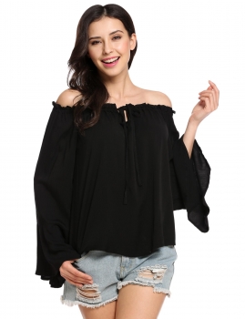 

Black Elegant Off the Shoulder Flare Long Sleeve Blouse, Multicolor