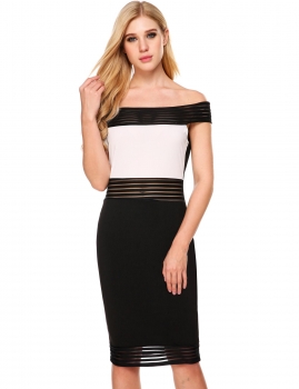 

Black white Patchwork Off The Shoulder Pencil Dress, Multicolor