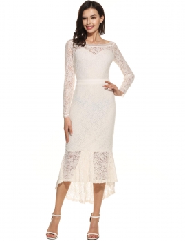 

White Women Casual Long Sleeve Patchwork Off the Shoulder Lace Fishtail Dress, Multicolor