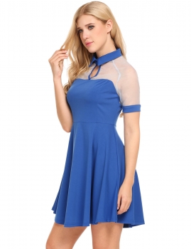 

Blue Turn-down Collar Short Sleeve Net Yarn Patchwork Pleated Hem Dress, Multicolor