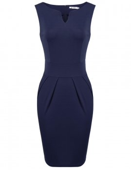 

Navy blue Sleeveless V Neck Ruched Solid Bodycon Pencil Dress, Multicolor