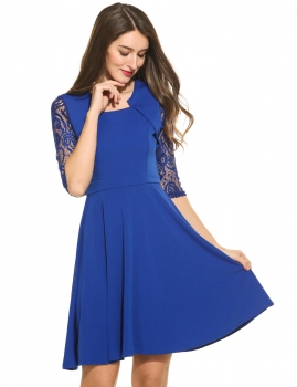 

New Women Vintage Styles Half Sleeve Square Collar Lace Patchwork Pleated Dress, Multicolor