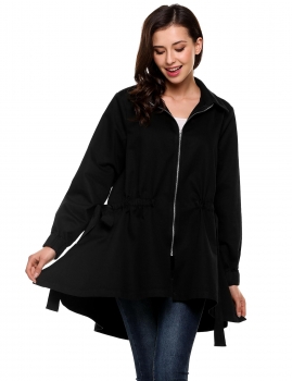 

Black Turn Down Collar Long Sleeve Solid Zipper Waist Drawstring Coat, Multicolor