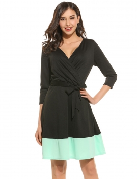 

Blue Women Crossover V-Neck 3"4 Sleeve Patchwork Fit and Flare Belted Dress, Multicolor