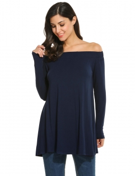 

Navy Blue Off the Shoulder Long Sleeve Solid Casual Loose Fit Tops, Multicolor
