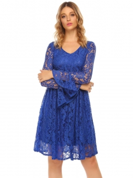 

Royal Blue V-Neck Flare Sleeve Floral Lace Casual Dress, Multicolor