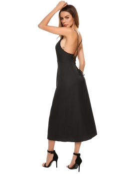 

Black Backless Spaghetti Strap Lace Up Solid Party Maxi Dress, Multicolor