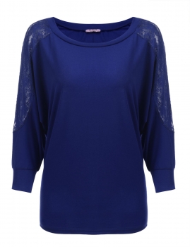 

Blue Lace 3"4 Batwing Hallow Lace Sleeve Loose T-Shirt, Multicolor