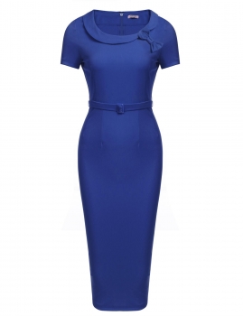 

Blue Bow Peter Pan Collar Short Sleeves Bodycon Business Dress, Multicolor