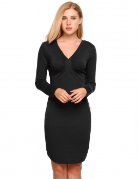 

Black Long Sleeve Solid V Neck Ruched Pencil Dress, Multicolor