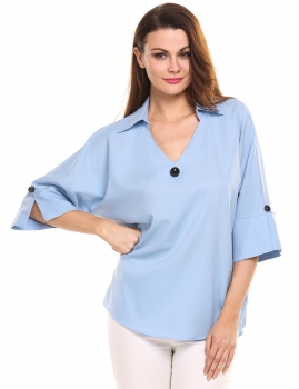 

Blue 3"4 Sleeve Loose V Neck Solid Chiffon Pullover Shirt Top, Multicolor