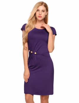 

Purple Casual Cap Sleeve Solid O Neck Button Decor Dress, Multicolor