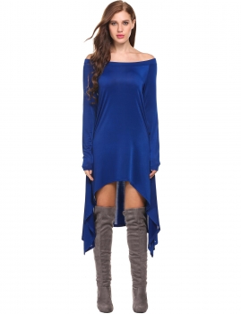 

Blue Casual Long Sleeve Solid Asymmetrical Hem Off Shoulder Pullover Knee Length Dresses Tops, Multicolor