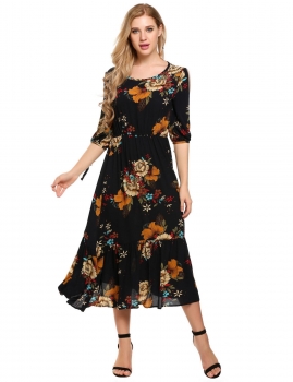 

Navy blue Half Sleeve Keyhole Back Elastic Floral Maxi Dress, Multicolor