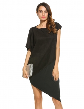 

Black Women Boat Neck Short Sleeve Patchwork Asymmetry Casual Dresses, Multicolor