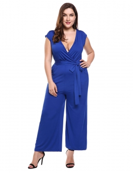 

Blue V-Neck Sleeveless Solid Jumpsuits with Belt, Multicolor