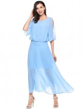 

Blue Women Elegant Half Sleeve Cold Shoulder Backless Chiffon Long Maxi Dress, Multicolor