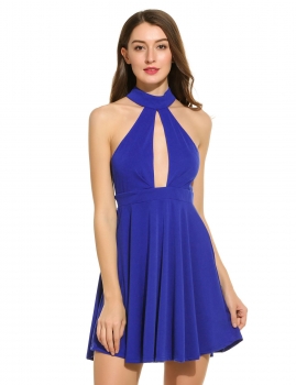 

Blue Women Casual Sleeveless Patchwork O Neck Mesh Sexy Backless Mini Dress, Multicolor
