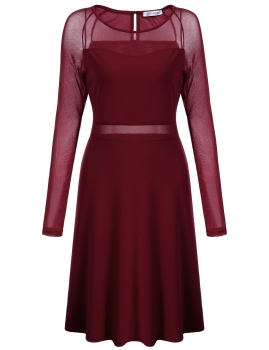 

Wine red O-Neck Long Sleeve Mesh Patchwork Semi-Sheer A-Line Pleated Hem Elastic Pullover Dress, Multicolor