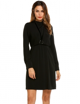 

Black Stand Collar Solid Split Back Loose Belted Dress, Multicolor
