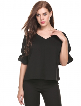 

Black V-Neck Ruffle Brims Half Sleeve Pullover Blouse Tops, Multicolor