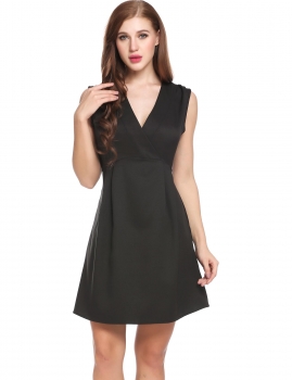 

Black V-Neck Sleeveless Solid Pleated Slim A-Line Hem Going Out Dress, Multicolor