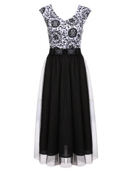 

Women Sleeveless V-Neck Mesh Patchwork Evening Party Maxi Long Dress, Multicolor